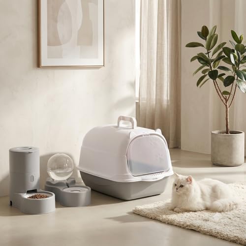 Caixa de Areia para Gatos Fechada Grande com Pá, Banheiro Sanitário Antiodor com Porta Frontal e Grade Antivazamento, Caixa Higiênica de Fácil Limpeza JOYA KID, Cinza