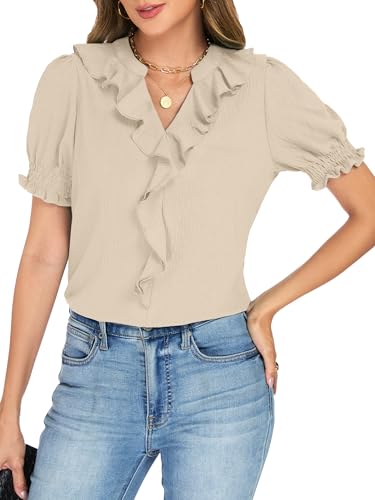 Funlingo Women's Dressy Casual Blouses Summer Smocked Puff Sleeve Ruffle V Neck Tops Flowy Business Work Shirts Trendy Spring Outfits Khaki L — view 4
