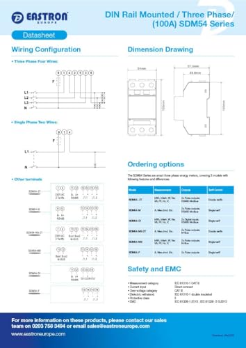 Eastron SDM54-M MID-zertifiziertes dreiphasiges 100-A-Direktanschluss-DIN-Schienen-RS485-Modbus-MID-Messgerät für EV-Ladegeräte und Solarsysteme