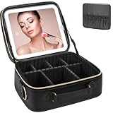 Organizador de Maquiagem com Espelho de LED, [3 Cores e Dimmable Contínuo] Luz de LED Recarregável para Bolsa de Maquiagem com Organizador de Pincéis, Bolsa de Cosméticos de Viagem para Mulheres Preto