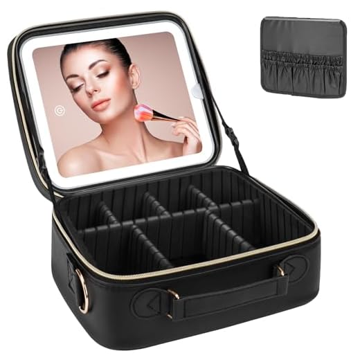 Organizador de Maquiagem com Espelho de LED, [3 Cores e Dimmable Contínuo] Luz de LED Recarregável para Bolsa de Maquiagem com Organizador de Pincéis, Bolsa de Cosméticos de Viagem para Mulheres Preto