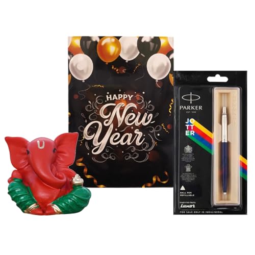 Image of Saugat Traders New Year Gift for Client - Golden Ganesha Showpiece, Branded Pen and Greeting Card - Corporate Gift