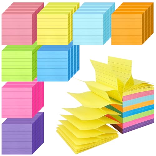 32 Pads Pop Up Sticky Notes, Accordion Sticky Notes 3x3 Refills Lined 8 Bright Color Post Stickies Bulk Sticky Note with Lines Colorful Popup Notes for Dispenser, Home, Office, School, Meeting, Work