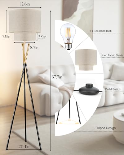 Image of Lightdot Black Tripod Floor Lamp, Modern Floor Lamps for Living Room, Standing Lamp with Dual Drum, E26 Bulb Included, 67.7 inch Tall Floor Lamp for Bedroom, Home Office