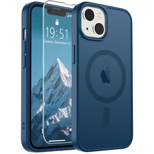 Image of SUPFINE Magnetic for iPhone 14 Case & iPhone 13 Case with Screen Protector (Compatible with MagSafe) (Military Grade Drop Protection) Translucent Matte Shockproof Phone Cover,Deep Blue