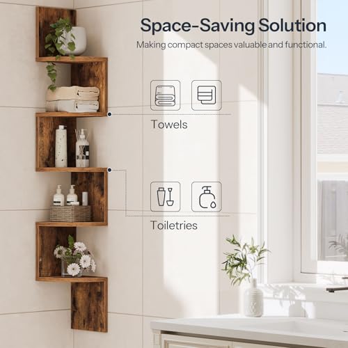 Image of HOOBRO Corner Shelf Wall-Mounted, Set of 2 Floating Corner Shelves for Wall, 5-Tier Corner Bookshelves for Living Room, Bedroom, Bathroom, Home Office, Rustic Brown BF26BJP201