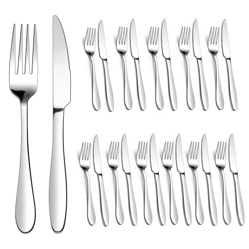 Homikit Steakbesteck Set, 24-teilig Edelstahl Steakmesser und Steakgabel, Steakbesteck Set für 12 Personen, Silber Besteckset mit Elegant Griff für...