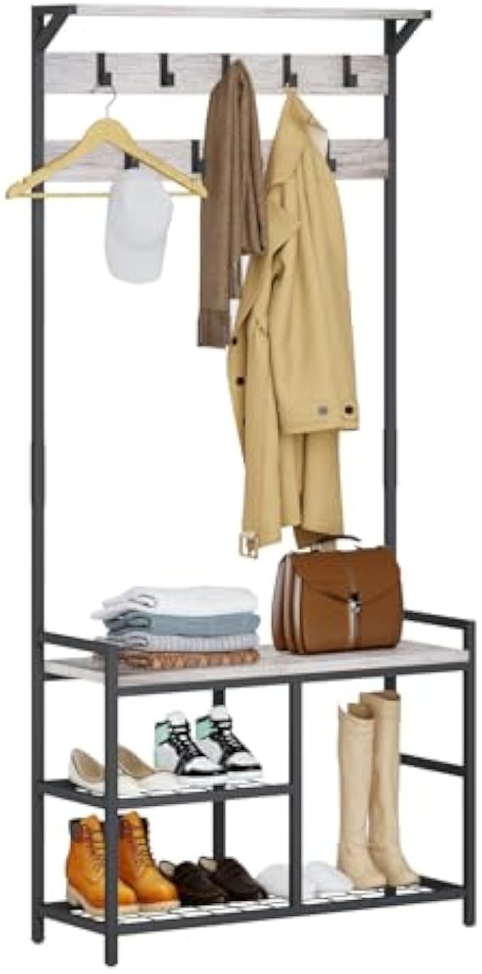 HOMEKOKO Coat Rack Shoe Bench, Hall Tree Entryway Storage Bench, Wood Look Accent Furniture with Metal Frame, 3-in-1 Design (Black & Greige)