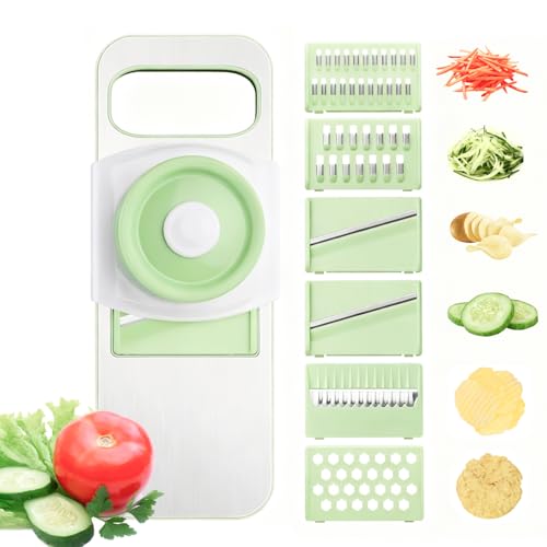 ZKIRON Stainless-Steel Mandoline Slicer for Kitchen, 6-in-1 Vegetable & Cucumber Slicer with Safety Guard, Easy-Clean Design, Compact Space-Saving Tool for Daily Salad & Meal Prep (Mint Green)