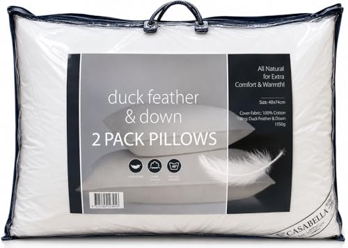 Image of Casabella Duck Feather & Down Pillows- Luxurious Comfort for Restful Sleep-Hypoallergenic & Anti Dust Mite-2 Duck Feather Pillows UK Standard Size(48x74cm)