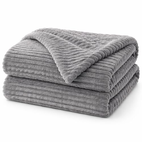 Image of WONJU Premium Ultra Soft Coral Fleece Blanket for Bed & Sofa | Warm Plush Ribbed Throw | Lightweight Cozy Winter Blanket | Machine Washable | Multiple Colors (Gery)
