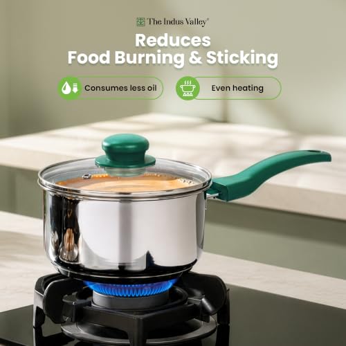 Image of The Indus Valley Stainless Steel Impact Bonded Sauce Pan 1.5 litres with Glass Lid | Chai & Soup Pan | Induction & Gas Compatible | 3-Layer Thick Bottom | Stay-Cool Handles | 100% Toxin-Free