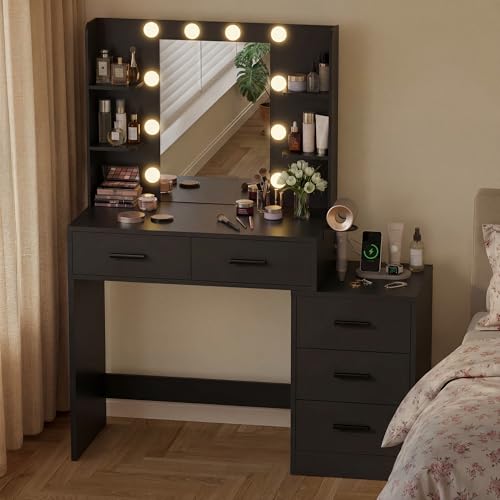 Image of Furmax Makeup Vanity Desk with Mirror and Power Outlet, Vanity with 3 Color Light Options Adjustable Brightness, Vanity Table with 5 Drawers, 6 Storage Shelves, Nightstands (Black)