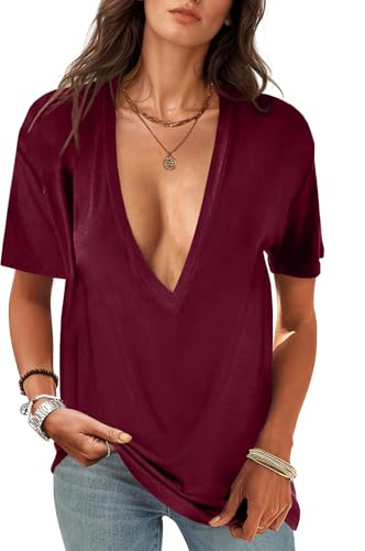 Image of UNCLECAT Womens Deep V Neck T Shirts Summer Oversized Short Sleeve Tops