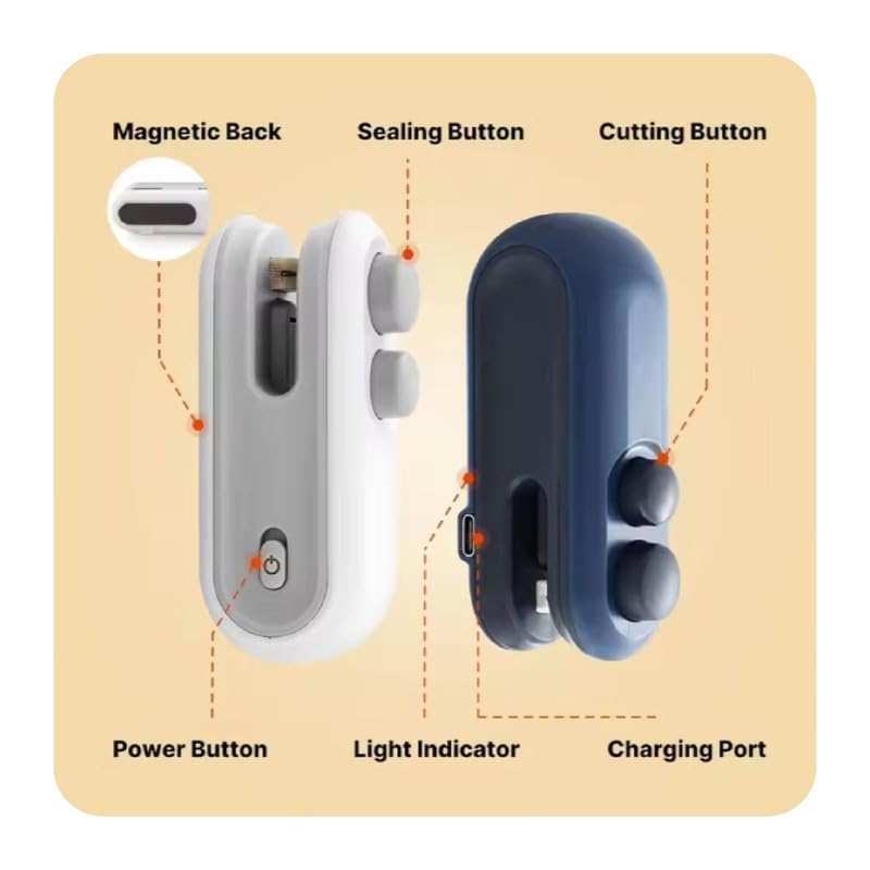 Image of AQAY 2-in-1 Bag Sealer and Cutter, Mini Food Sealer with Magnet Design, Mini Rechargeable Handheld Bag Sealing Machine for Chips Snacks Plastic Bags Fresh Storage Color - White