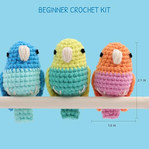 Image of HOUSE CREATIVITY Crochet Kit for Beginners, Make 3 Mini Budgie Birds, Amigurumi Crochet Starter Kit with Step-by-Step Video Tutorial, Yarn, Hook, Eyes & Stuffing, DIY Craft Kit Gift for Adults