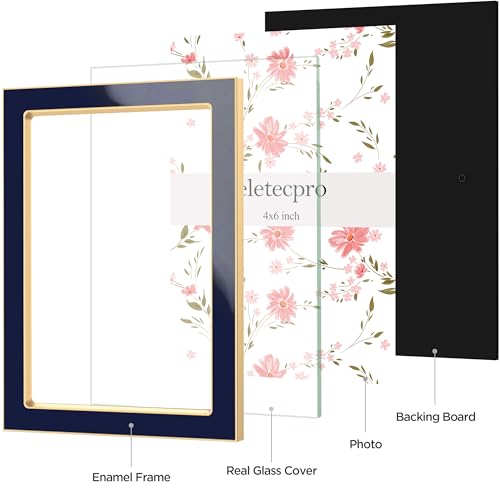 Image of eletecpro 4x6 Enamel Picture Frame Set of 2 with Real Glass Cover, Cute Photo Frame with Gold Metal Edge, Horizontal and Vertical Display Pictures 4 by 6 for Tabletop and Wall Decor, Navy