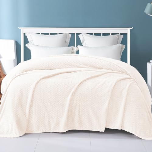 Image of Exclusivo Mezcla Soft Fleece Bed Blanket Queen Size, 90 inchx90 inch, Off White | Cozy Fluffy Lightweight Blankets for Summer, Decorative Plush Flannel Throws for Living room, Bedroom with Leaves Pattern