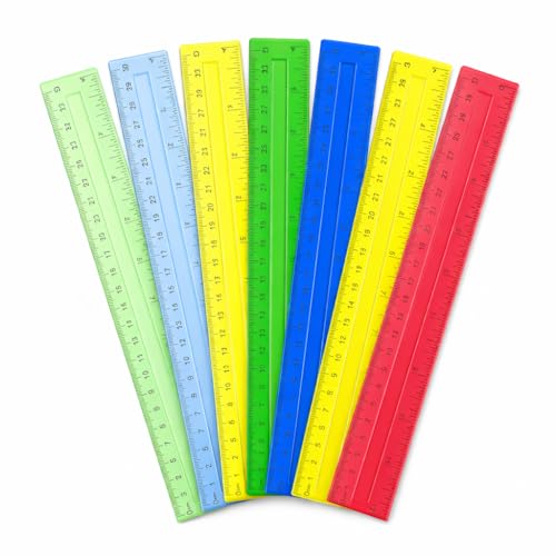 12-Inch Colorful Plastic Rulers - 7 Pack, Clear Rulers with Centimeters, Millimeters & Inches, Ideal for Kids, School Supplies, and Classroom Use, Assorted Colors