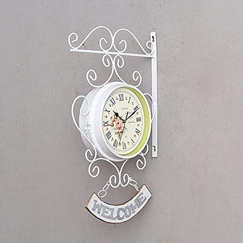 WDSOPK Orologio da Parete per Esterni, da Giardino, Bifacciale, Bianco, con Rotazione A 360°, Orologio da Stazione retrò in Metallo Silenzioso, A Batteria, Orologio De