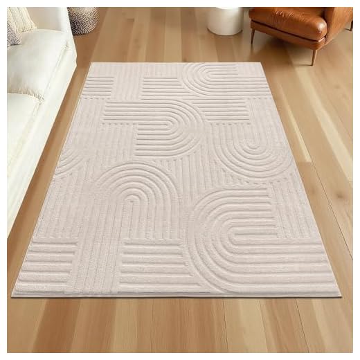 SHACOS Soft Cozy Fluffy Arch Rugs 4'x5'3" Non Slip Washable Modern Geometric Area Rug High Low Pile Stain Resistant Contemporary Carpet for Living Room Bedroom Dining Room, Beige