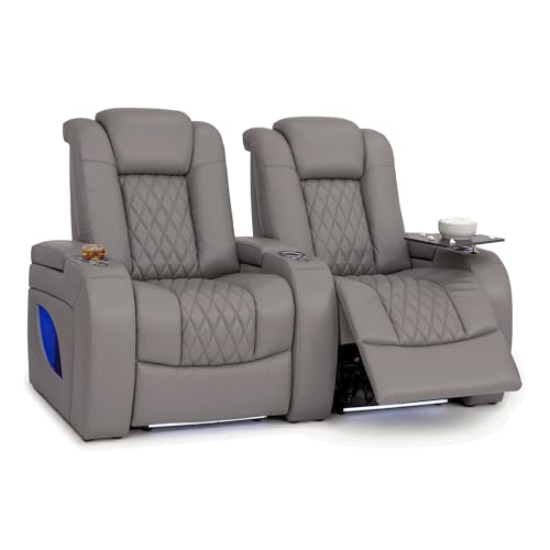 Image of Seatcraft Virtuoso LT Gray Italian Leather Home Theater Seating, Zero Gravity Power Recliner, Powered Headrest and Lumbar Gaming and Home Office Chair, Heat and Massage Lounge Sofa, Row of 2