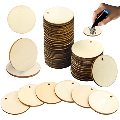 WZYTEU 100 Stück Holzscheiben mit Loch, Holzplättchen Rund 3mm Dick für Malen, Hochzeit, Weihnachtsschmuck, DIY Handwerk, Beschriften (4cm) Cover