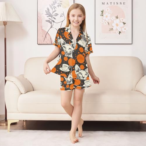 senya Retro Style Cats and Coffee Satin Summer Pajama Sets Silk Short Sleeve Button Down Sleepwear4