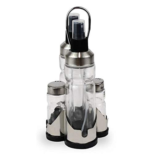 MGE - Set de Aceitera y Vinagrera con Spray + Recipiente para Sal y Pimienta - Acero Inoxidable y Vidrio - 4 Piezas