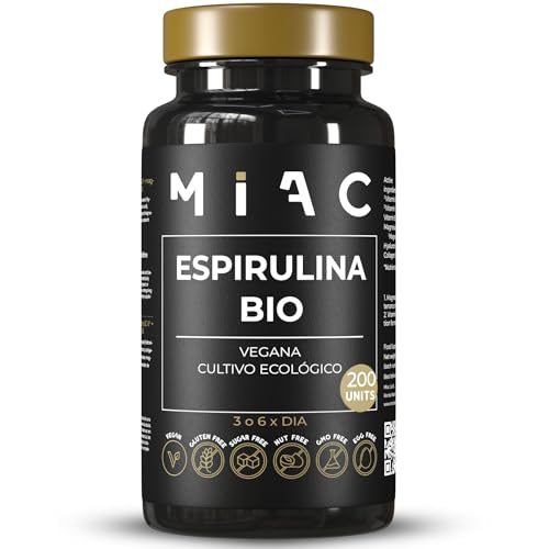MIAC Espirulina 2400 mg por dosis diaria - 200 Cápsulas - Suplemento Nutricional Energía y Saciante - 100% BIO - Vitaminas y Minerales - Vegano - Sin Gluten