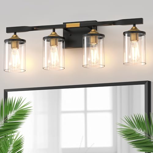 Image of DORESshop 4-Light Bathroom Vanity Light, Black and Gold Bathroom Light Fixtures Over Mirror, Modern Vanity Lights for Hallway Bedroom Living Room
