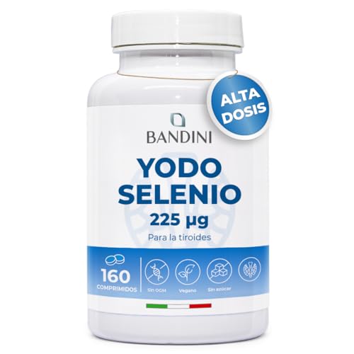 Bandini® YODO 225 mcg + SELENIO 100 mcg 160 Comprimidos | Yoduro de Potasio KI + Selenio L Metionina | Alta Absorción Alta Dosis | Iodo 100% Vegano, Sin OGM | Para la tiroides y el sistema nervioso
