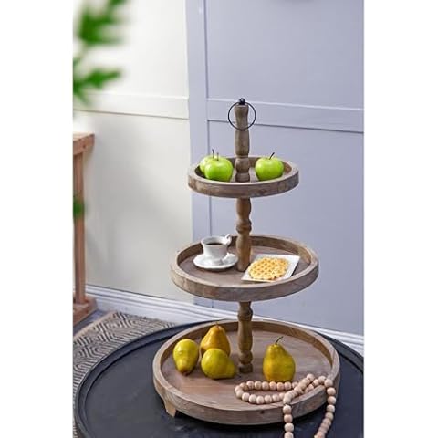 T2 Concept Brown Three Tiered Wooden Farmhouse Tray with Metal Handle, Decorative Display Stand, Traditional Round Serving Tray, Cake Stand, Fruit Stand, 19”x30” Cover