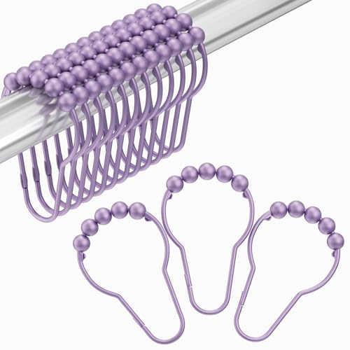 Image of Amazer Shower Curtain Hooks, Rust Resistant Purple Shower Curtain Hooks for Bathroom, Stainless Steel Glide Shower Hooks Hangers for Bathroom Shower Rods Curtains, Set of 12 Hooks, Greyish-Purple