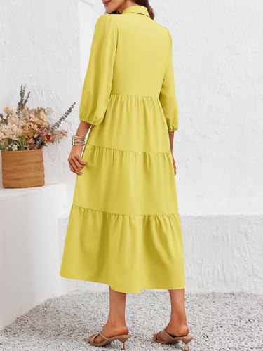 Image of Wenrine Womens Casual 3 /4 Sleeve Shirt Dress Button Down V Neck Tiered Collared Flowy Maxi Dress
