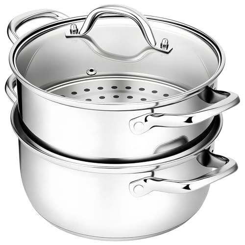 Chefbee Stainless Steel Steamer Pot - 3.2QT Steamer for Cooking with Food Basket, Steaming Cooking Pot Kitchen Cookware for Vegetable, Food, Dumplings, Soup