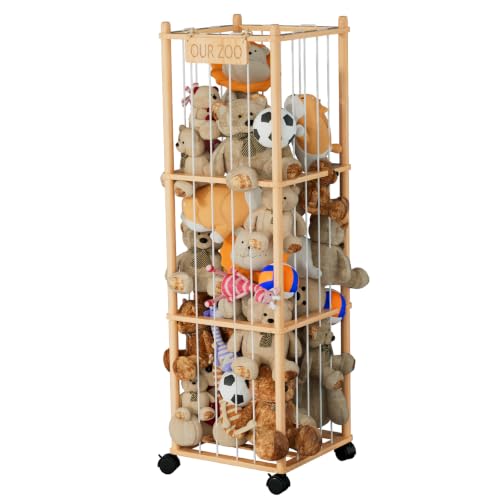 VERONLY Soft Toy Storage Unit with Lockable Wheels - Large Wooden Teddy Bear &Stuffed Animal Organiser Cuddly Rack for Nursery Kids Bedroom Playroom