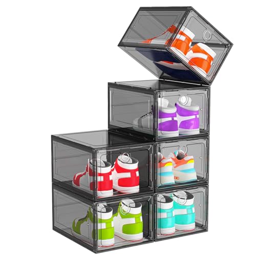 Image of ARSTPEOE 6-Pack Black Shoe Storage Boxes Magnetic Stackable | Upgraded Harder Material, Stackable Space-saving, Fits Sneakers & Boots, Clear Magnetic Front Door