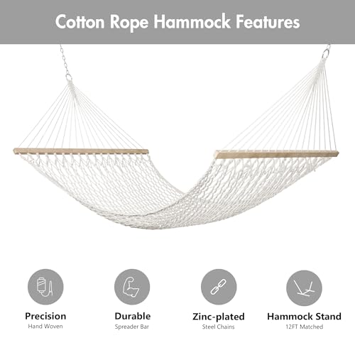 Image of ANOW Outdoor Rope Hammock with Spreader Bars, Hammock Pad and Pillow, Cream