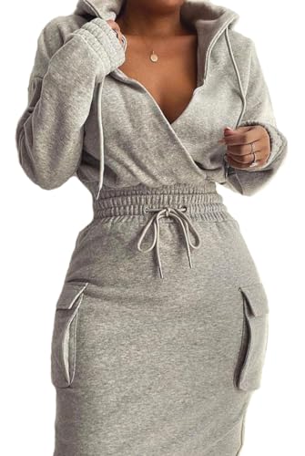BIRW Size L Grey Hoodie Dress for Women 2026 Slim Casual Long Sleeve High Waist Drawstring Pullover Bodycon Sweatshirt Dresses with Pockets