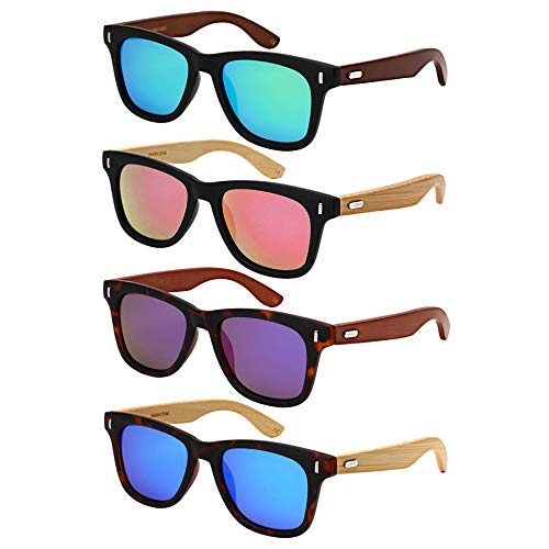 Edge I-Wear Horned Rim Wooden Bamboo Sunglasses w/Polarized Mirrored Lenses 540845BM-PRV3