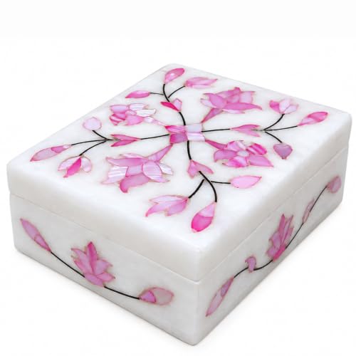 Marble Inlay Jewelry Box 4x3inch Floral Mother of Pearl Inlay Handmade Makeup Organizer Trinket Box - Alabaster Shiny Decorative Marble Ring Box Inlay Art Unique Art Great Birthday Gift, Women Gift