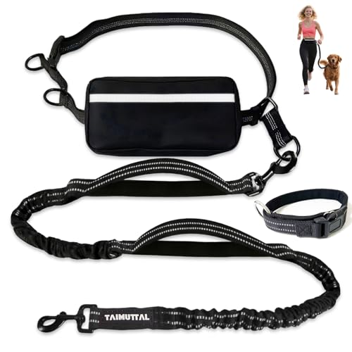 TAIMUTTAL Hands Free Dog Lead with Waist Belt & Zipper Pouch Waist Dog Lead for Running Walking Hiking & Jogging Reflective Dual Padded Handles Ideal for Medium/Large Dogs Up to 120 lbs Black