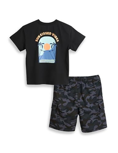 Image of Amazon Brand - Symbol Boy's Graphic Print Oversized Fit T-Shirt and Cargo Shorts (KD-TSB-SS25-10 (6-14 yrs) Black + Navy Camo 8-10 Y)