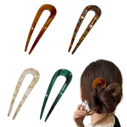 COYUN 4 Pezzi Forcina a Forma di U, Confezione fermagli per capelli per chignon francese grandi,Perno per Capelli Bastoncino Vintage Ondulato Guscio di Tartaruga per Ragazze