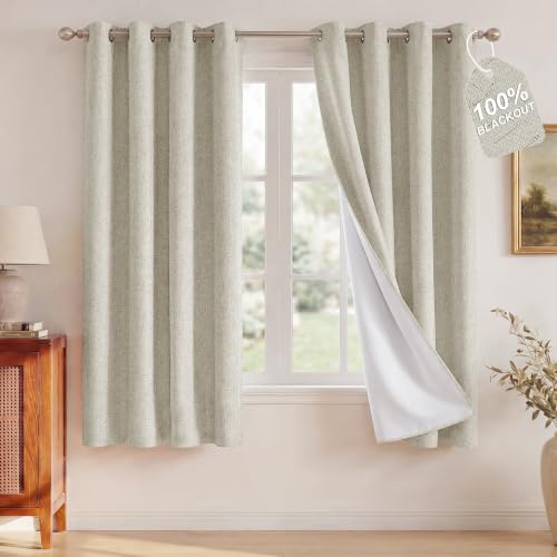 Image of NICETOWN 100% Blackout Linen Ivory Curtains 72 inch Length, White Liner Composite Grommet Bedroom Window Treatments Relax Home Decor Thermal Drapes for Farmhouse, 2 Panels, W52 x L72
