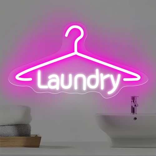 Image of Laundry Neon Sign Laundromat Led Neon Sign Washing Machine LED Light | USB Powered Neon Sign For Laundry Room Laundry Wall Art Laundry Room Decors 16.5 inchx9.1 inch, Pink+White
