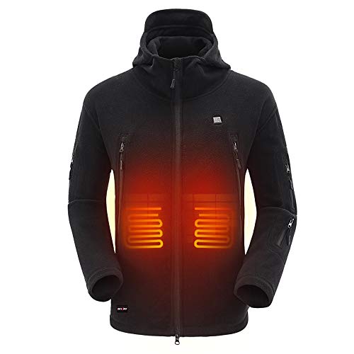 DEWBU Polar Fleece Chaqueta Calefactable con 7.4v Batería Chaqueta Calentador para Hombre，Black,S