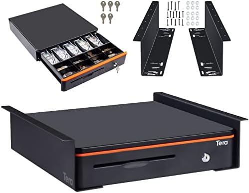 Tera 16" Auto Open Cash Register Drawer with Universal Under Counter Mounting Metal Brackets (Round Corner) Heavy Duty Insert Tray 5 Bill 8 Coin Removable Cash Tray for POS Small Businesses Store 405R