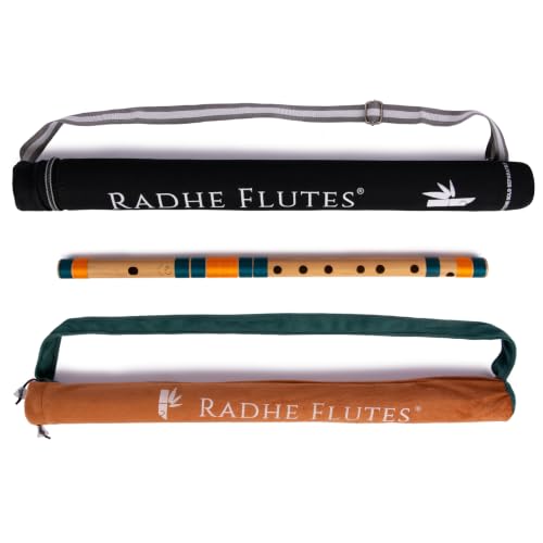 Image of Radhe Flutes Bamboo Bansuri C Sharp Right Handed Middle Octave (18 inch) With Hard Cover (Beige Flute With Dark Green & Orange Threads)